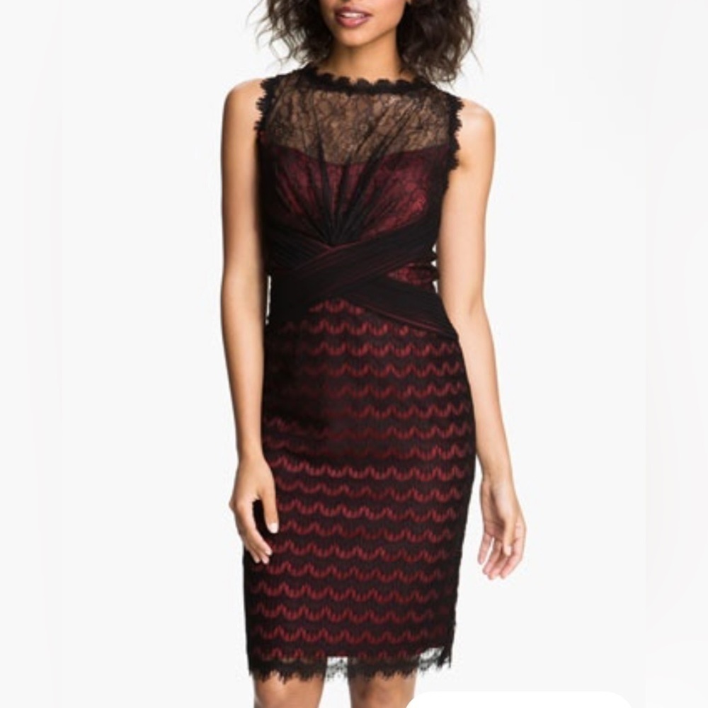 Tadoshi Shoji Black Illusion Yoke Scalloped Lace Overlay Dress US 10